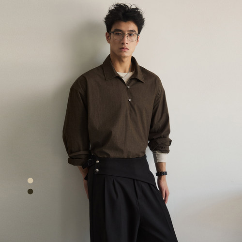 SouthStudio衬衫半开襟套头翻领磨毛棉质感双色26夏款长袖衬衣