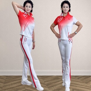佳木斯健身操新款数码印白红搭配罗马白红裤子微喇套装