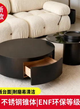 2026年不锈钢黑色岩板意式极简茶几现代简约客厅家用大小圆形茶桌
