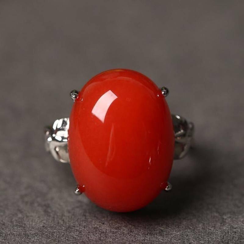 天然南红玛瑙戒指女款活口可调节925银镶嵌时尚百搭饰品礼物