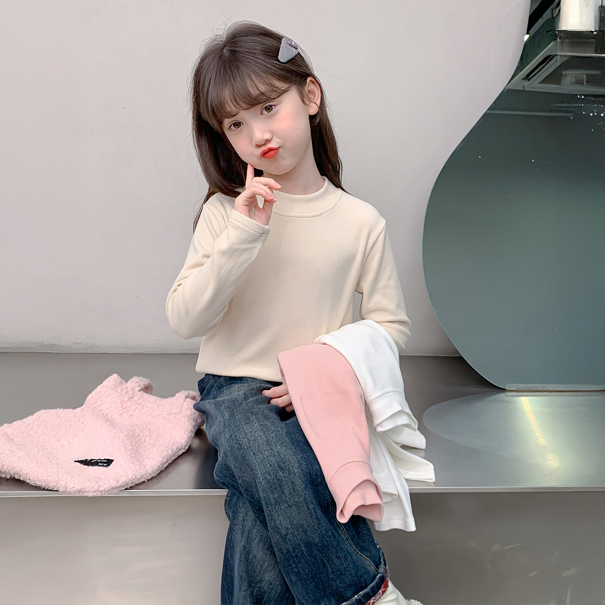 女童德绒长袖t恤2025秋冬新款洋气童装小女孩半高领保暖打底衫ins