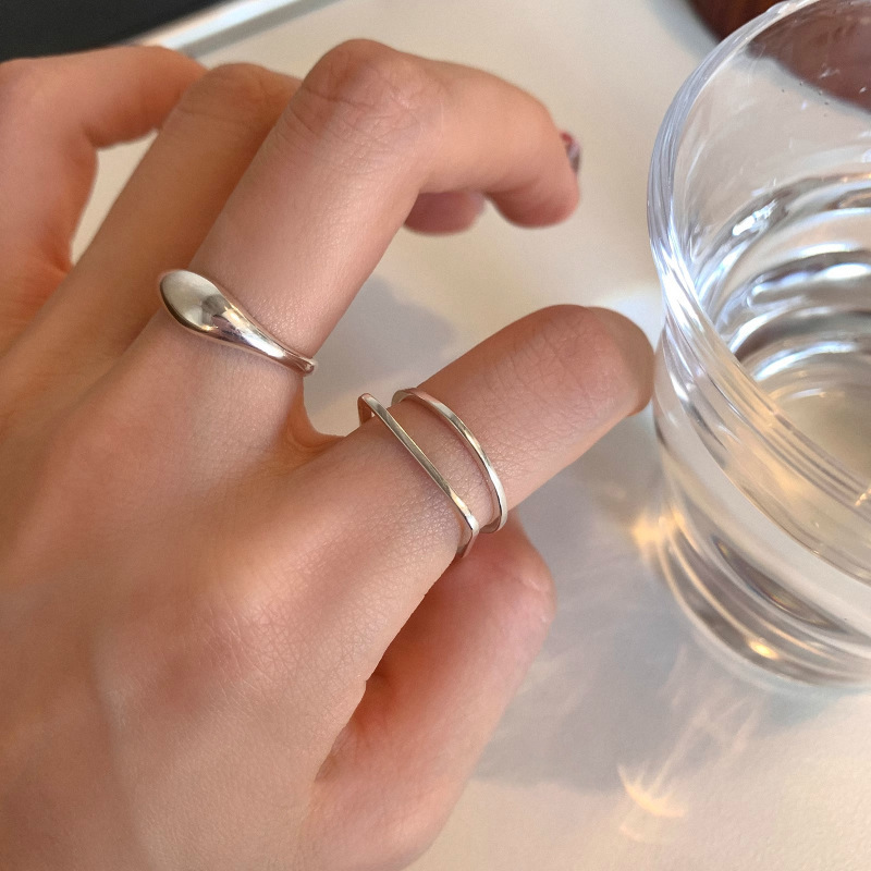 简约水滴素圈戒指女几何不规则双层线条S925银开口指环ins食指戒