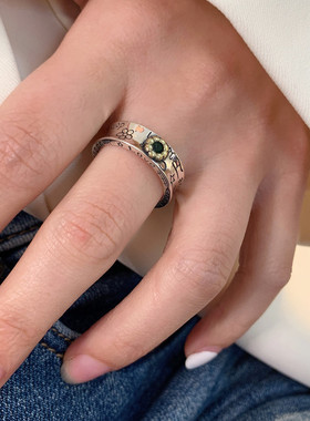 韩版S925镀银花朵戒指女复古时尚重工涂鸦字母星星开口指环食指戒