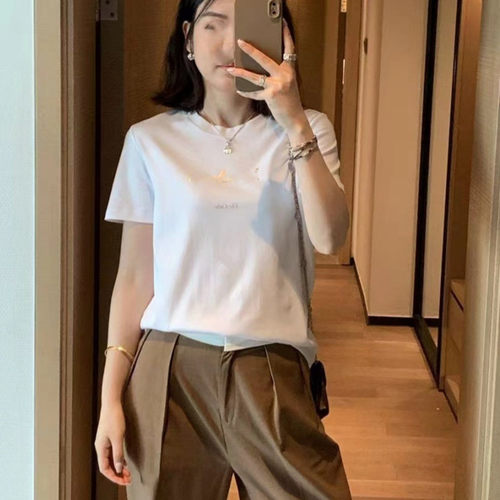 2026春夏女装纯色烫金印花T恤 LP纯棉百搭短袖T恤