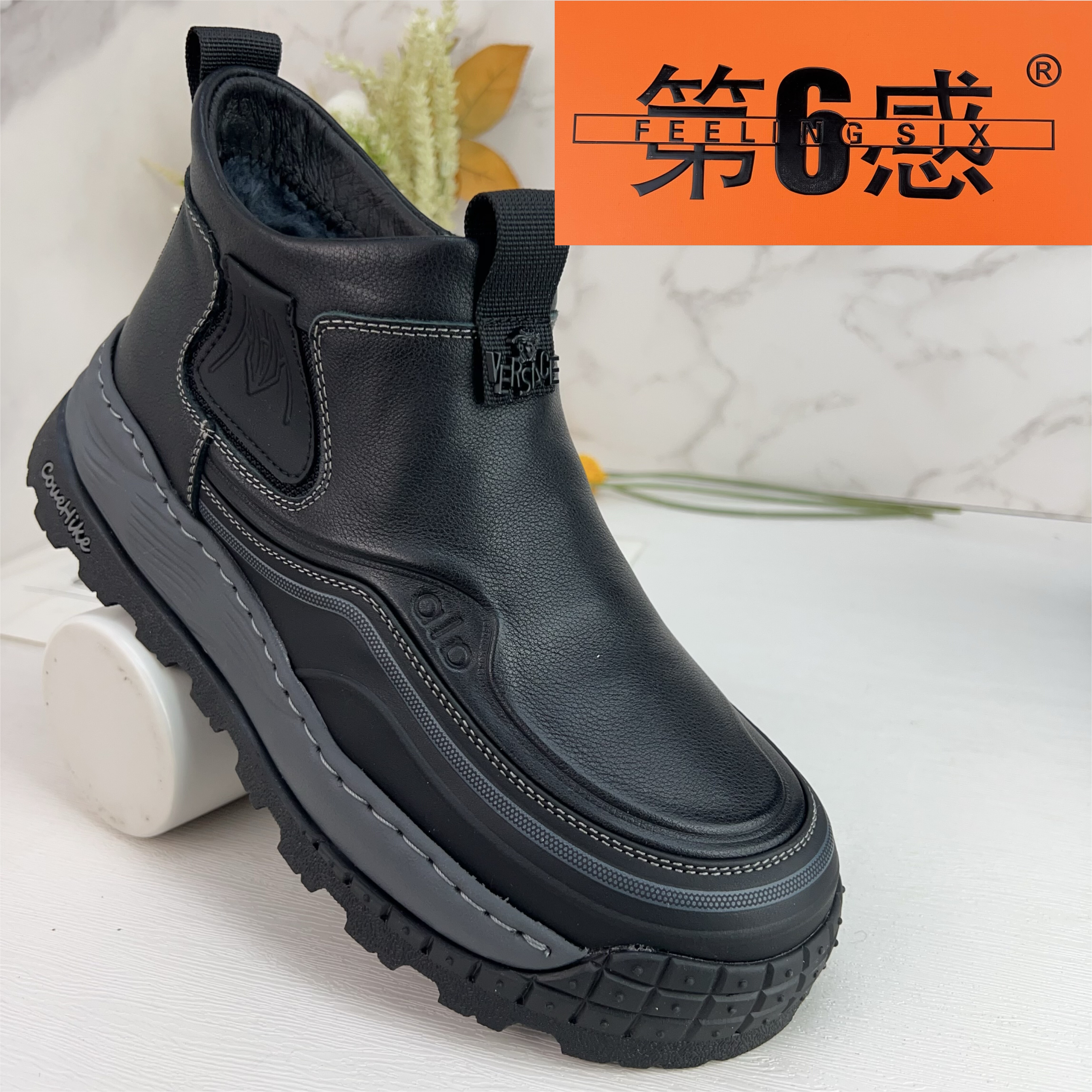 第六感2025新款头层牛皮高帮皮鞋男冬季加绒保暖商务羊毛皮毛一体