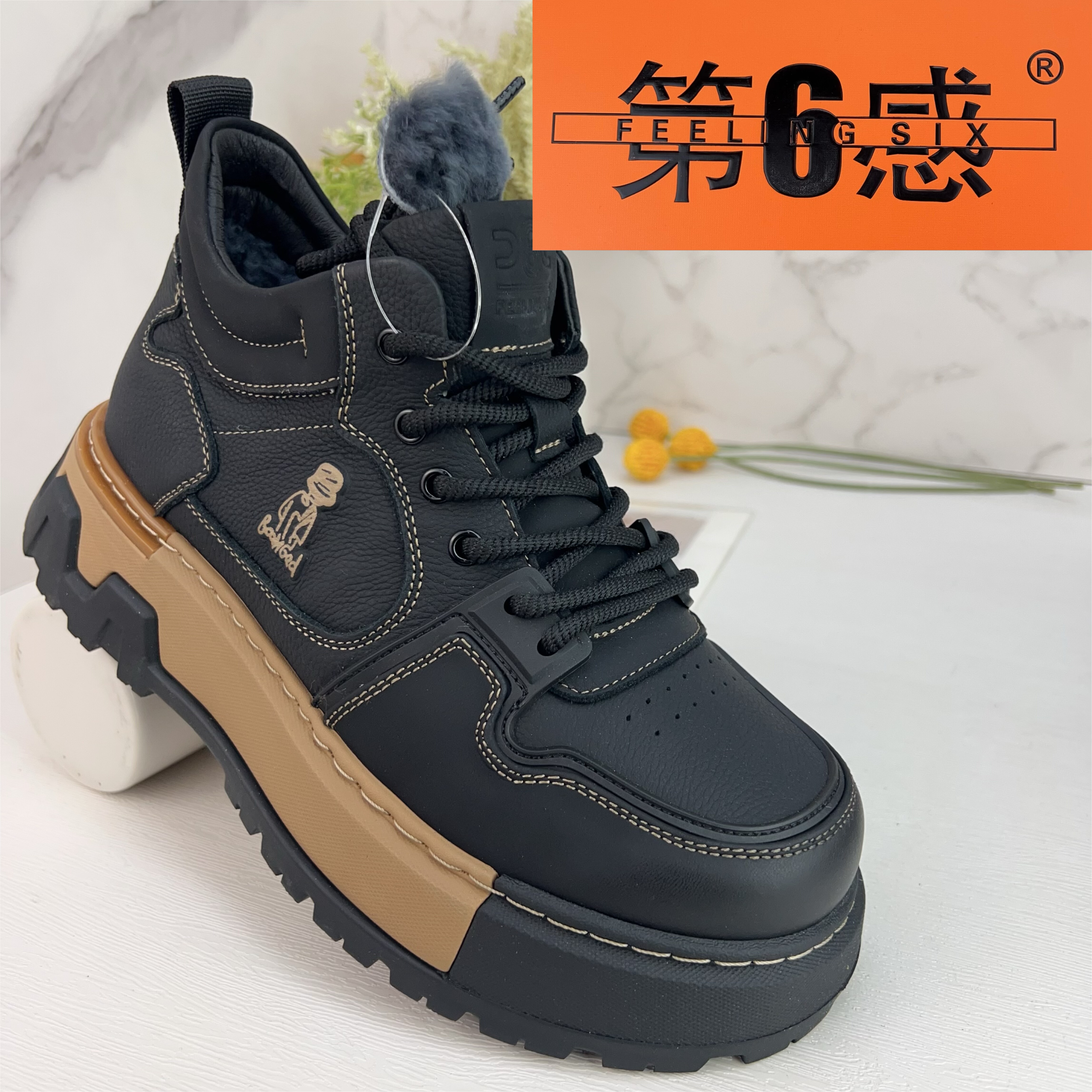 第六感2025新款头层牛皮高帮皮鞋男冬季加绒保暖商务羊毛皮毛一体