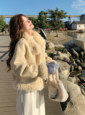 ins超好看鹿皮绒短款外套女2025新款冬季宽松羊羔毛皮毛一体夹克