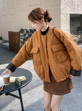 ins复古工装棉服外套女短款25新款冬季超火小个子圆领派克服棉衣