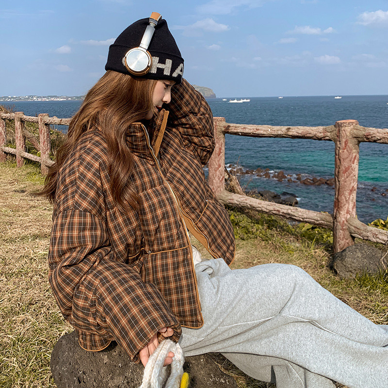 超好看咖色格子羽绒服女短款2025新款冬季韩国学生小个子保暖外套