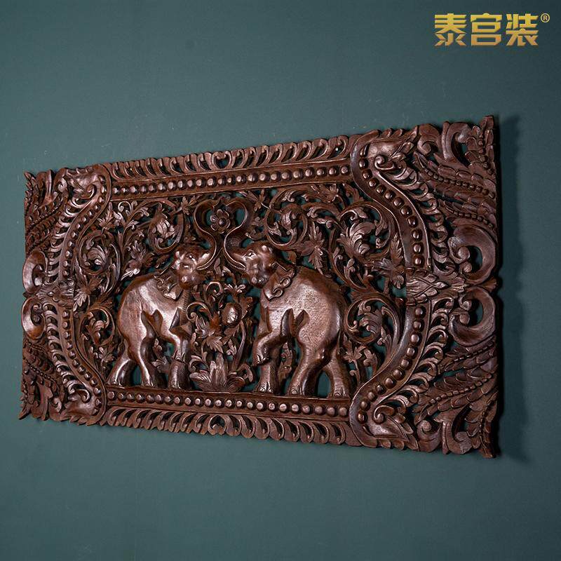 泰式木雕挂件挂画泰国木雕画壁挂中式雕刻工艺品横屏长方形挂屏