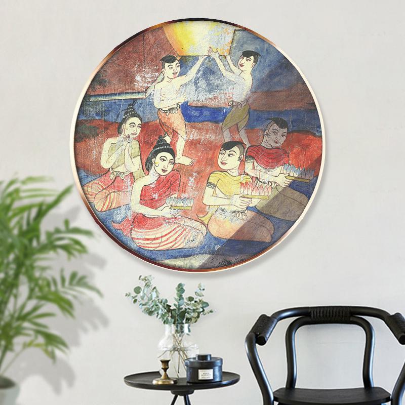泰宫装 泰国民宿挂画泰式酒店复古东南亚风情墙面玄关圆形装饰画图片