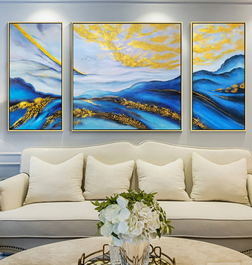 纯手绘油画客厅沙发背景墙新中式挂画三联轻奢抽象装饰画石来运转