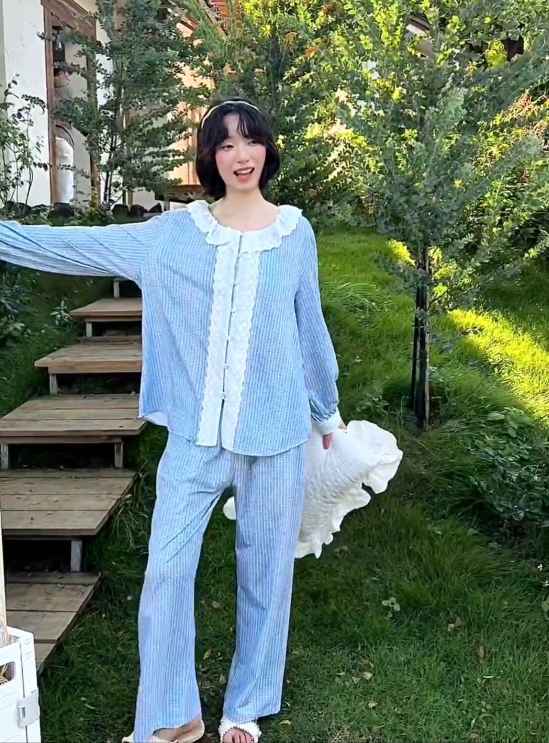 鹿鹿安娜春秋女款针织棉娃娃领开衫长袖家居服睡衣3023