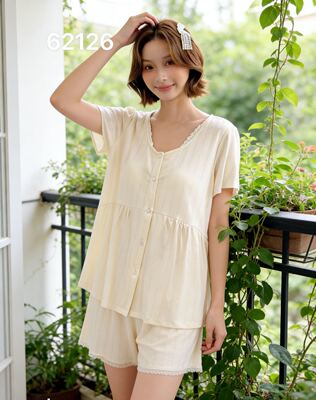 安杜拉春夏针织棉VCM开衫带胸垫短袖短裤家居服睡衣62126