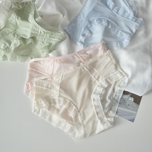 少女高中三角裤 不夹臀性感蕾丝冰丝无痕短裤 中腰 女生纯棉薄款 内裤