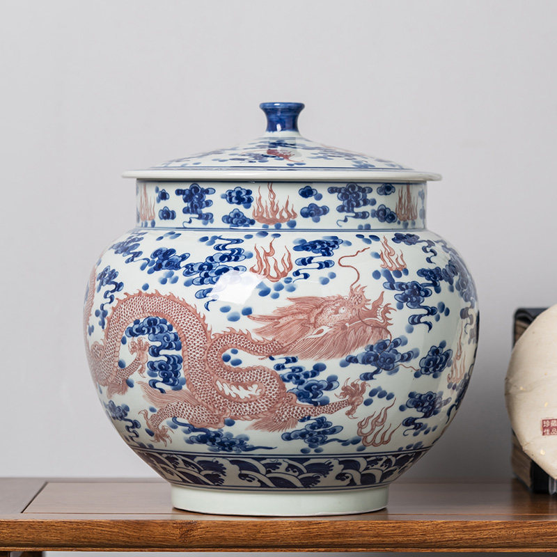 手绘青花瓷茶叶罐陶瓷大号普洱景德镇茶饼储存罐缸家用散茶密封罐