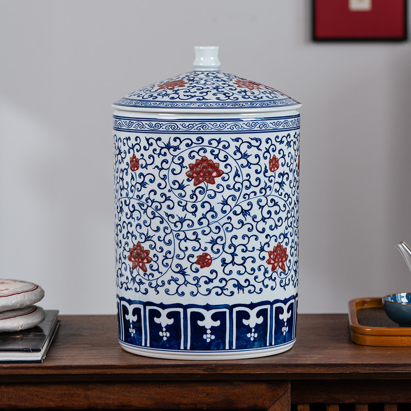 手绘青花瓷缠枝莲景德镇茶叶存储缸密封大号茶饼普洱茶罐家用防潮