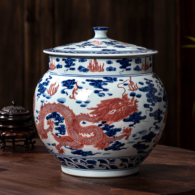 景德镇手绘青花龙凤茶叶罐陶瓷大号普洱茶饼储存缸家用散茶密封罐