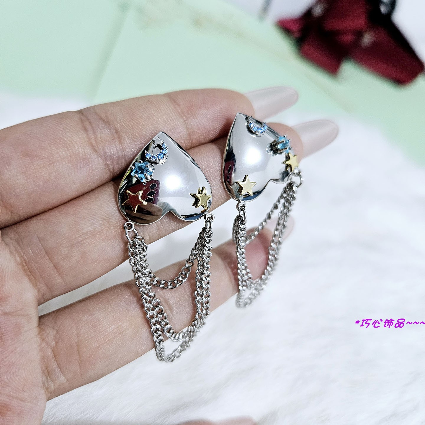 银色爱心蓝钻流苏耳环超闪轻奢