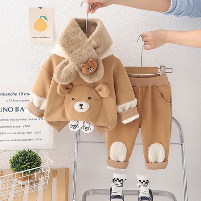 男童加绒卫衣套装2025新款秋冬款儿童洋气时髦宝宝冬季薄绒两件套