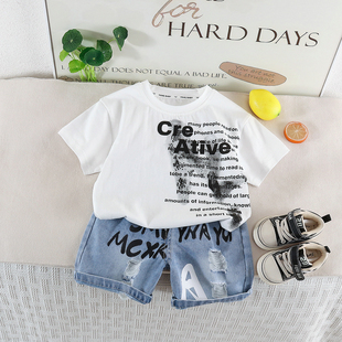 男童夏季短袖套装新款痞帅休闲风字母印花T恤牛仔短裤洋气两件套3