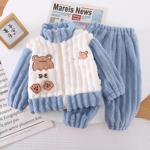 儿童法兰绒睡衣秋冬季男童宝宝珊瑚绒女童加绒加厚家居服保暖套装