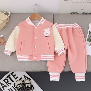 女童春秋套裝 衛(wèi)衣兩件套 寶寶洋氣外套時(shí)髦兒童棒球服春裝 2025新款
