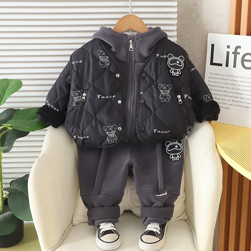 男童冬装加绒加厚连帽卫衣套装新款儿童宝宝冬季棉服马甲三件套潮
