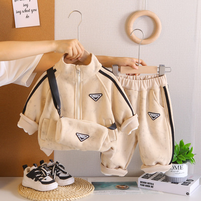 男童秋冬季套装2025新款韩版帅气开衫冬装宝宝加绒加厚卫衣两件套