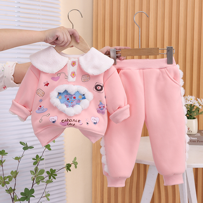 女宝宝加厚秋冬装一体绒两件套