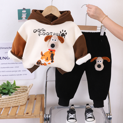 儿童加厚连帽卫衣洋气卡通两件套