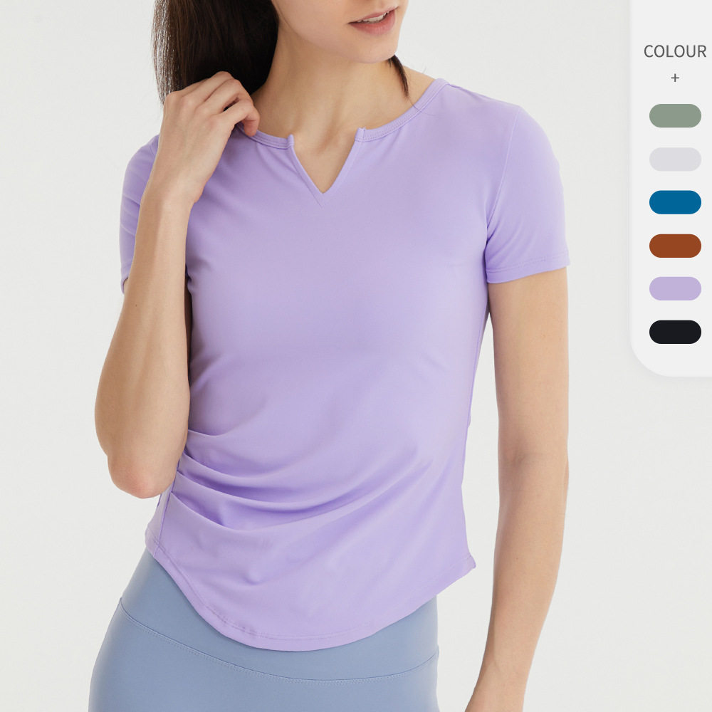 春夏瑜伽短袖女修身速干透气运动T恤抽褶显瘦跑步健身上衣JY114