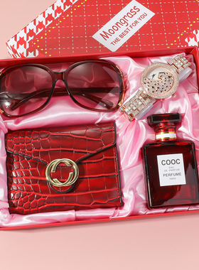 4pcs/set女士手表套装礼盒时尚简约手表+钱包+墨镜+香水套装