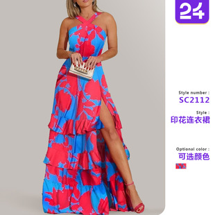 新吊帶連衣裙波西米亞禮服亞馬遜印花V領(lǐng)無(wú)袖 2025歐美夏季 連衣裙