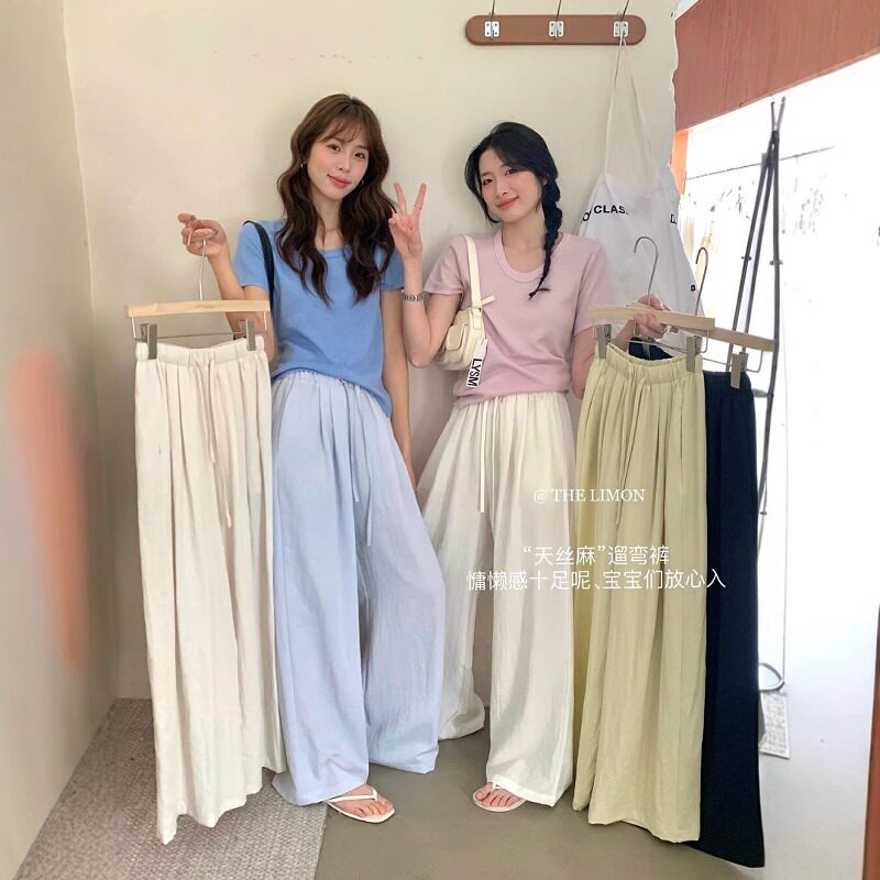 多巴胺天丝亚麻裤女2025夏季薄款冰丝裤松紧高腰垂感窄版阔腿裤子