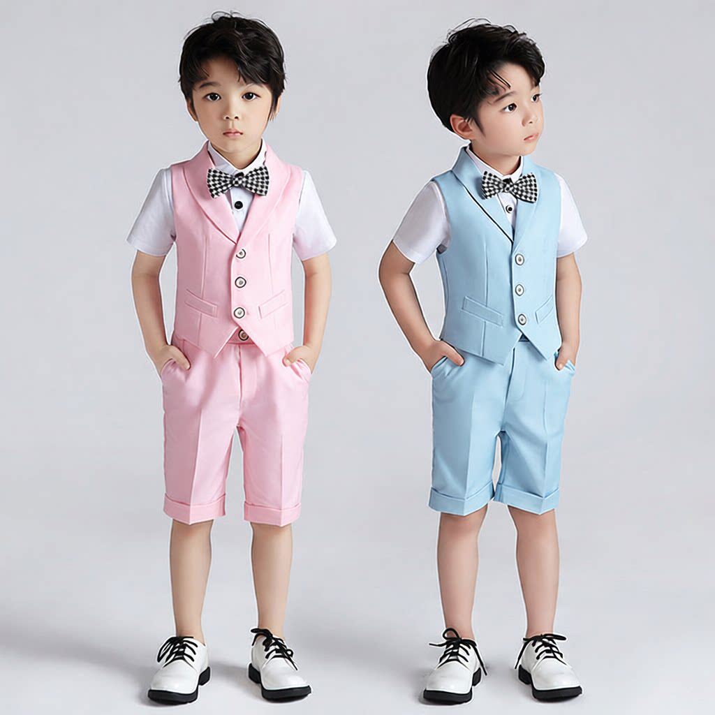 儿童马甲短袖套装薄夏季新款男童纯色马夹粉色主持演讲合唱小礼服