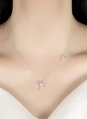 s925纯银蝴蝶结项链女精致光面ins甜美小众轻奢高级感百搭锁骨链