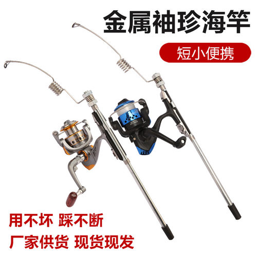 跨境迷你便携金属超短钓鱼竿海竿全金属一体插地式弹簧鱼竿套装