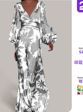 2025年新款亚马逊欧美女装连衣裙修身灯笼袖时尚印花V领长裙