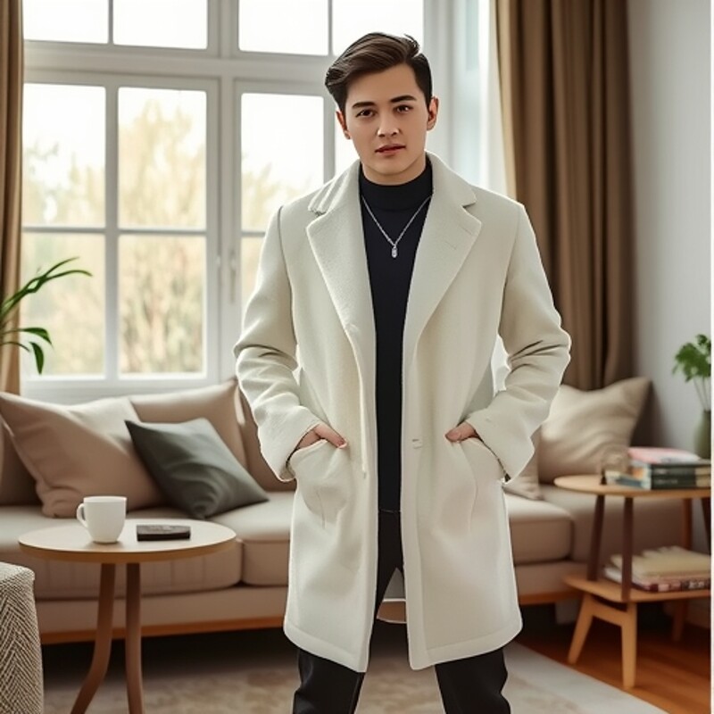 秋冬单排扣中长款雪花呢风衣韩版修身毛呢大衣大码男装冬季加厚