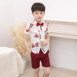 花衬衫 儿童短袖 短裤 两件套男孩时尚 翻领衬衣 2023男童套装 修身 夏季