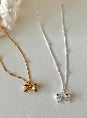 S925纯银在逃公主珠子蝴蝶结项链高级感吊坠小众圆珠链轻奢锁骨链