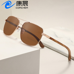 夏季新款金属框木腿夹层偏光太阳镜男飞行员墨镜防晒竹木眼镜