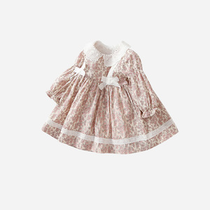 蝴蝶公主裙秋季新品粉碎花长袖镂空领女童连衣裙时尚儿童裙子