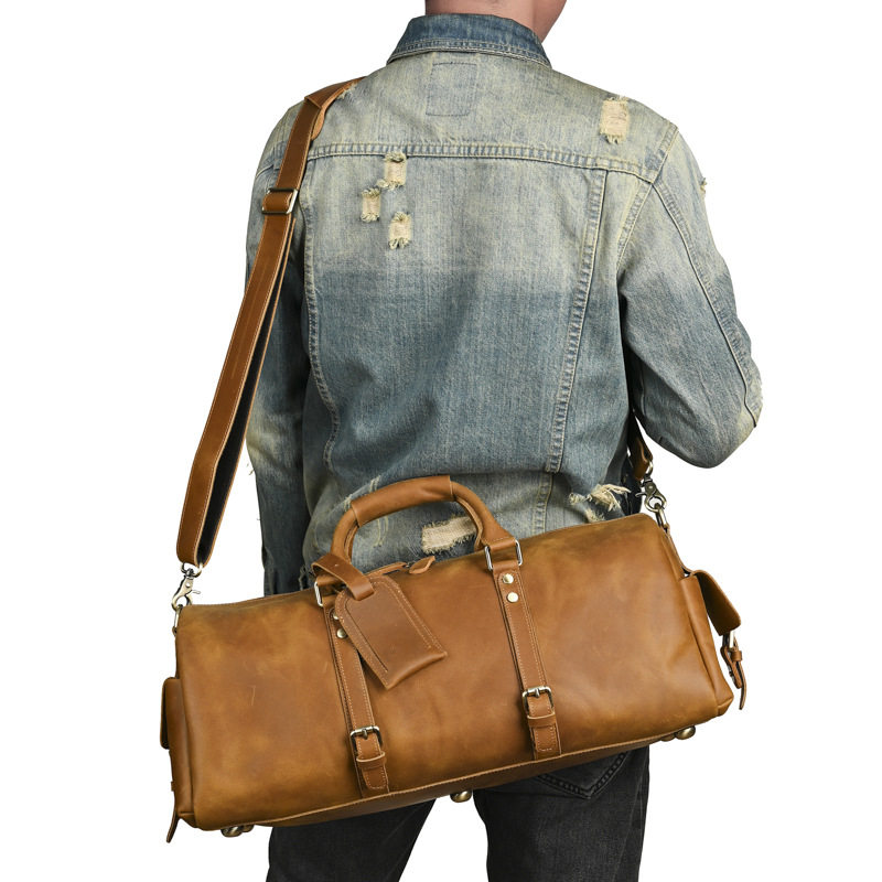 复古疯马皮男款旅行包头层牛皮斜挎包大容量设计手提肩背双用包
