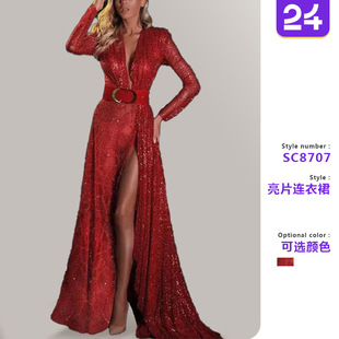 性感連衣裙開(kāi)叉純色亮片長(zhǎng)款 2025歐美外貿(mào)春夏新款 拖地晚禮服長(zhǎng)裙