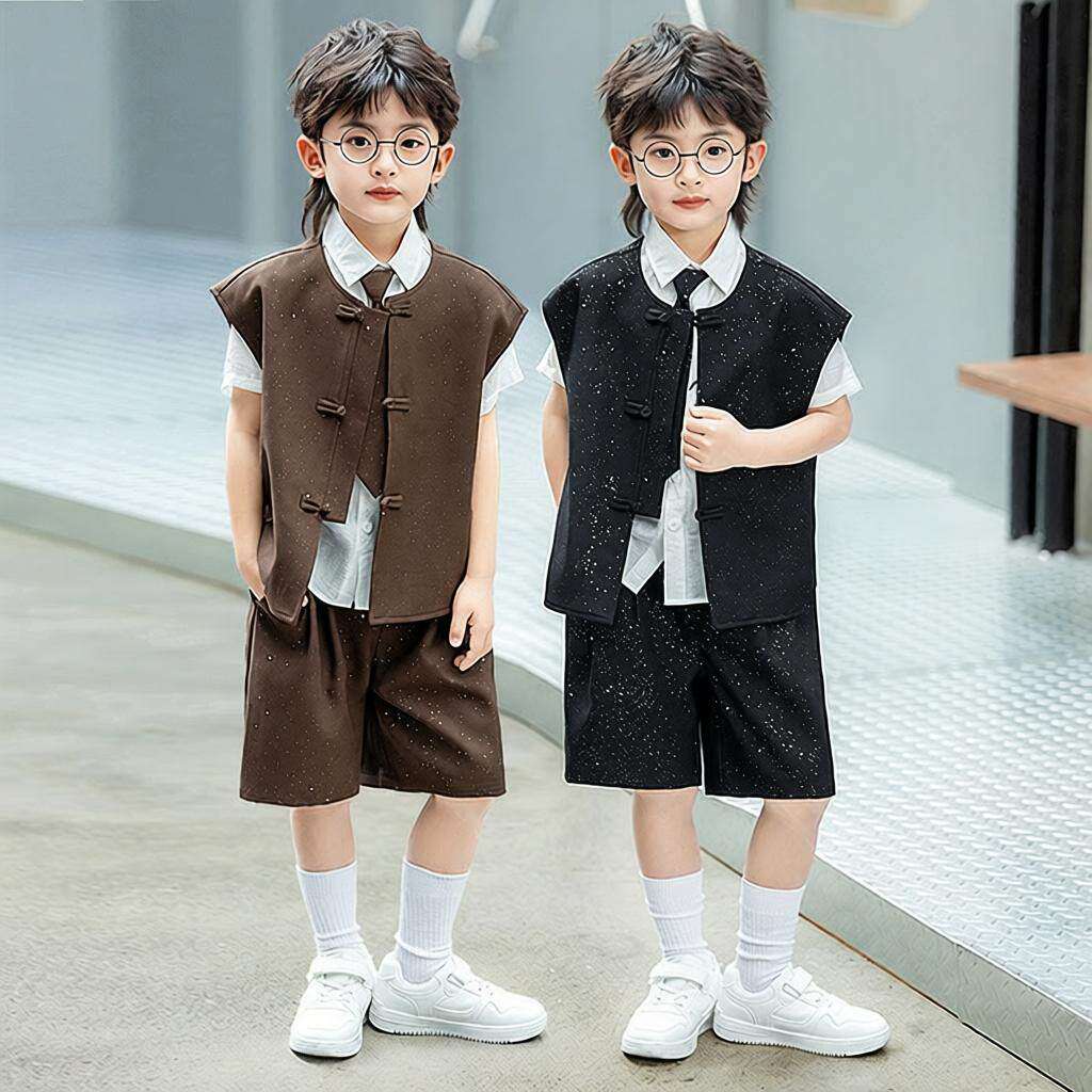 男童西服满天星时尚马甲套装儿童短袖西装花童礼服主持走秀演出服