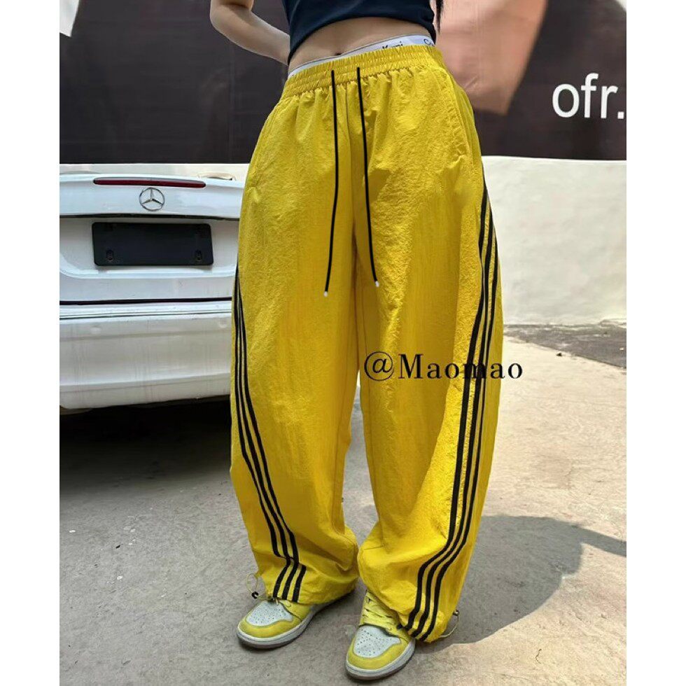 复古三条杠运动裤女夏季薄款防晒速干裤束脚拖地工装长裤T宽松