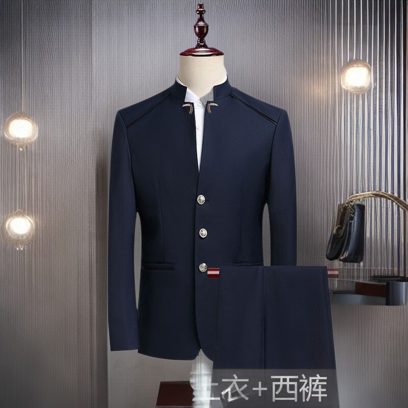 2026年新款男装西服套装中国风青年时尚休闲复古立领单排扣西装套