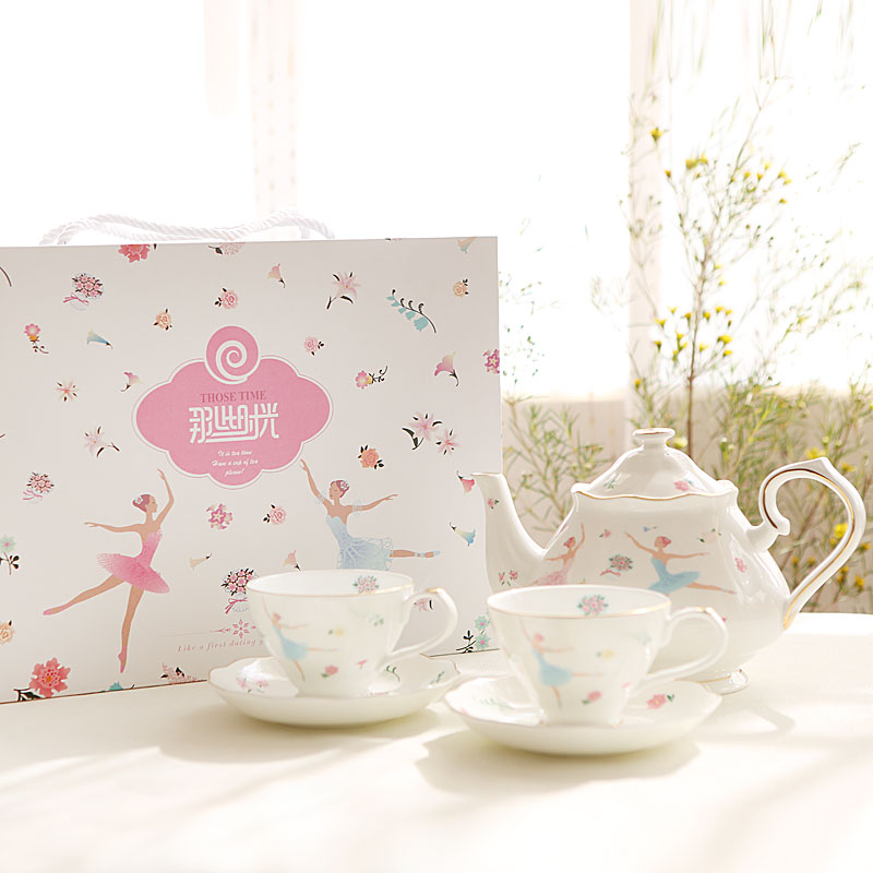 咖啡杯碟芭蕾英式描金骨瓷茶壶